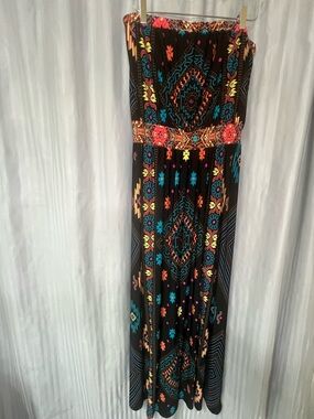New York & Company Black Strapless Maxi Dress with Neon Aztec Motif